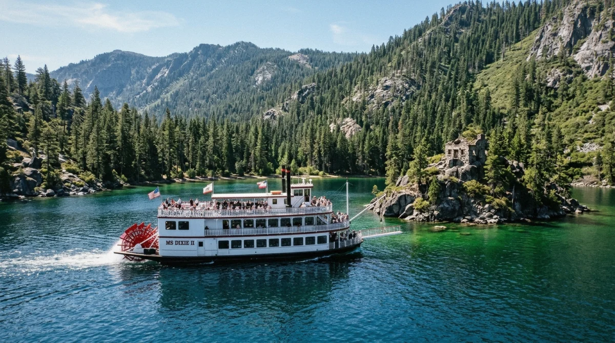 A white paddle-wheeler with a red stern wheel cruising inside Emerald Bay past Fannette Island on a clear morning