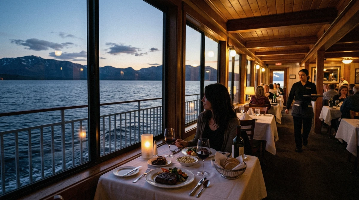 A candlelit window table with dinner on the dining deck of a paddle-wheeler, the lake at dusk outside