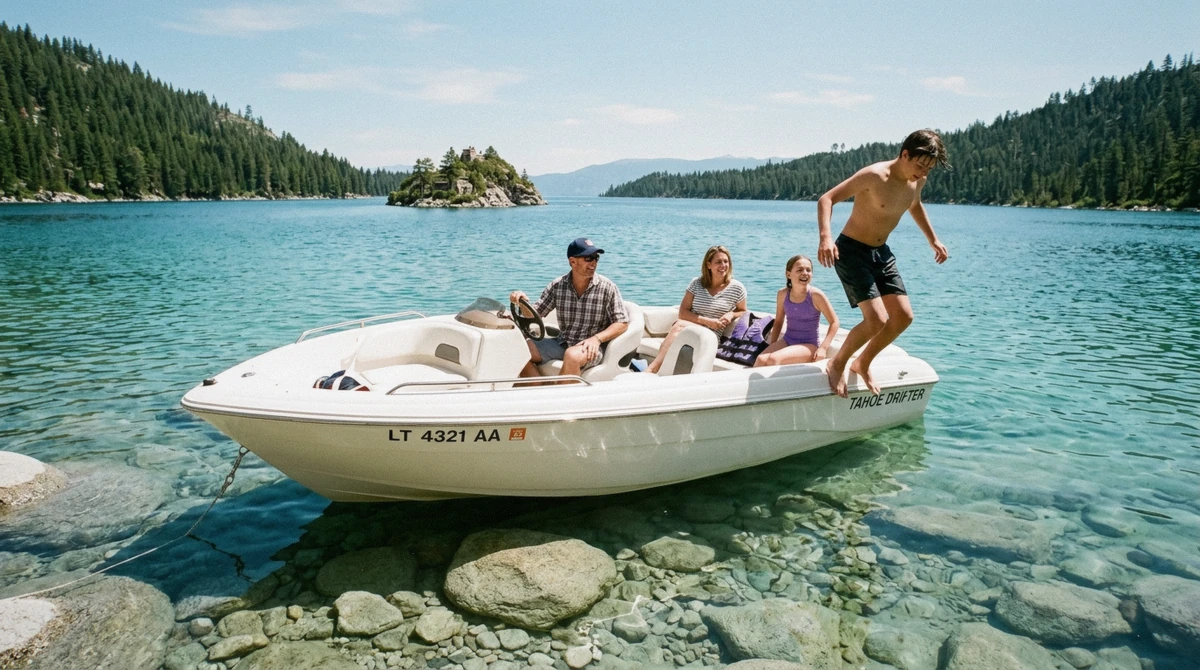 A family on a small white motor boat anchored over granite boulders in clear water near the Emerald Bay shore