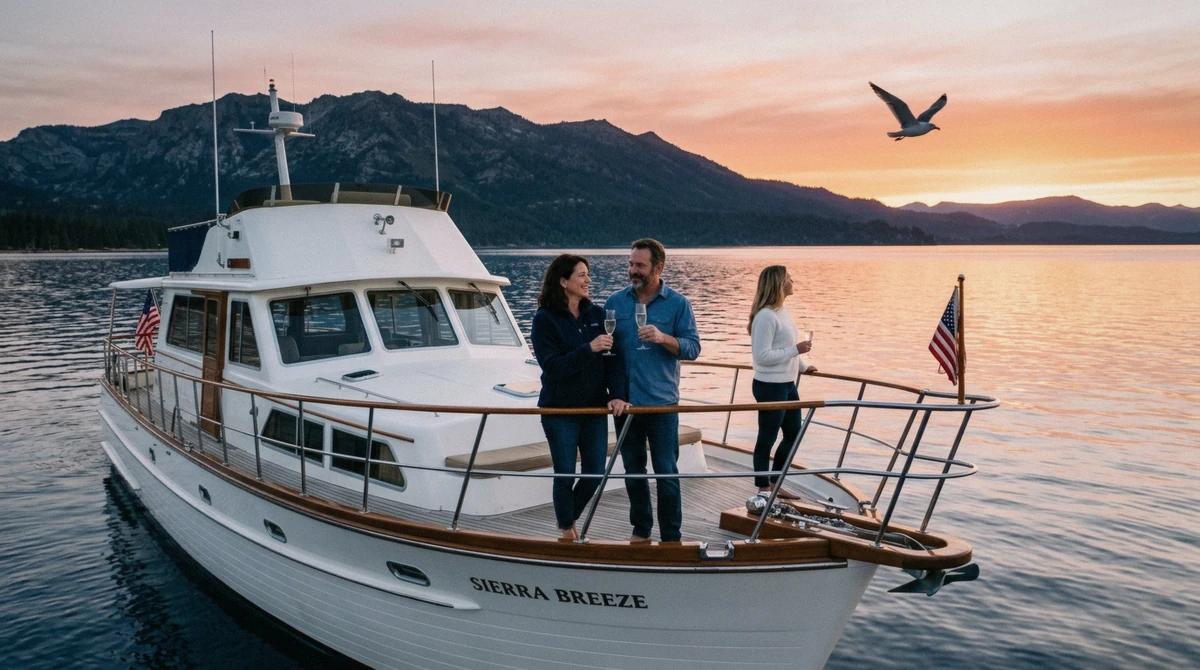 Guests with champagne at the rail of a classic white yacht on Lake Tahoe as the sun sets behind the west shore