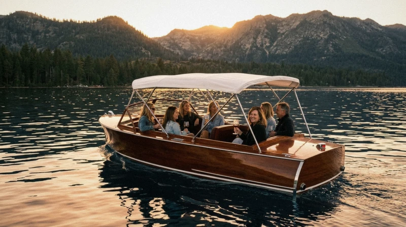 A restored wooden Chris-Craft water taxi with wine glasses raised at golden hour on Lake Tahoe