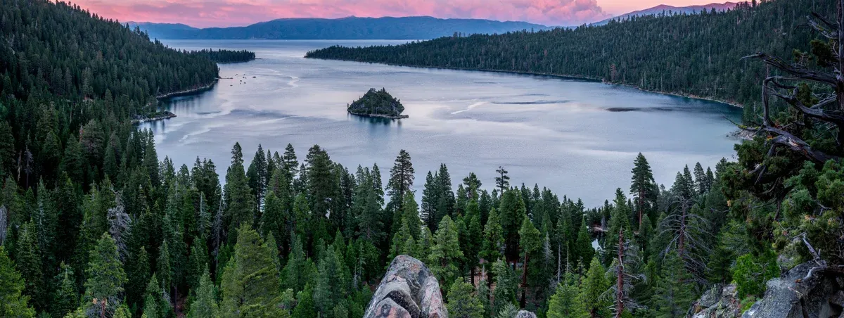 Emerald Bay at golden hour with Fannette Island in the calm water, seen from the overlook above the bay