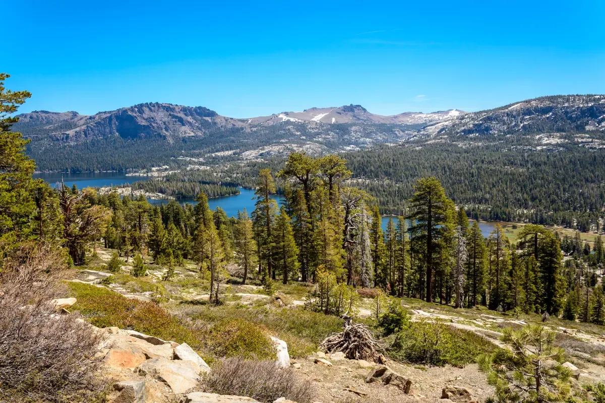 Pine forest and granite slopes above a blue lake in the mountains around South Lake Tahoe